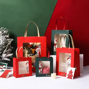 2022 nuovo arriva regalo di natale imballaggio artigianale shopping finestra trasparente sacchetti di carta di cartone rosso