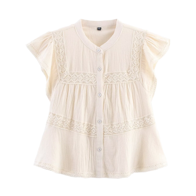 Beige Color Crew Neck Button up Fly Sleeve Vintage Woven Breathable Casual Summer Tops Blouses Shirts for Women