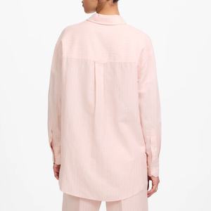 Conjunto de Lino Casual y Formal para Mujer, Primavera-Otoño 2025, Venta al Por Mayor, Alta Calidad, Personalizable, Camisa a Rayas de Manga Larga, 2 Piezas - Product Image 4