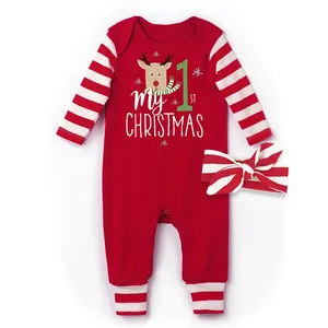 Personalized Baby Christmas Red Write Stripe Newborn Cotton Reindeer Wholesale Baby Rompers