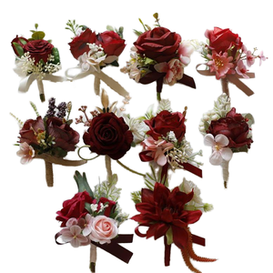 Corsage en polyester rouge bordeaux de haute qualité et tendance pour la mariée, la demoiselle d'honneur, le marié, la mère de la mariée, boutonnière pour réunion d'affaires, mariage - Product Image 1