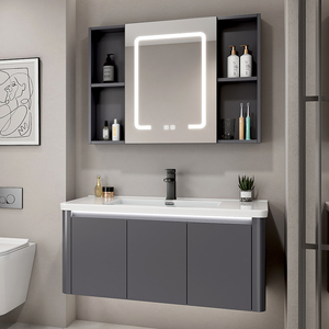 Set <span class=keywords><strong>Mobile</strong></span> Bagno in Alluminio Spaziale Moderno Grigio Scuro Opaco con Lavabo in Ceramica <span class=keywords><strong>e</strong></span> <span class=keywords><strong>Specchio</strong></span> con Vano Semi-Aperto - Product Image 1