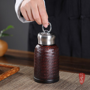 Bamboo Woven Thermos Cup 316 Stainless Steel Vacuum <b>Flask</b> Travel Water <b>Bottle</b> Insulated Portable Round Design - Product Image 3