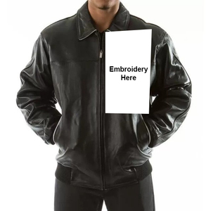 Mens PU Leather Bomber Jacket with Embroidery on Back Collar Closure Solid Color Moto Style - Product Image 4