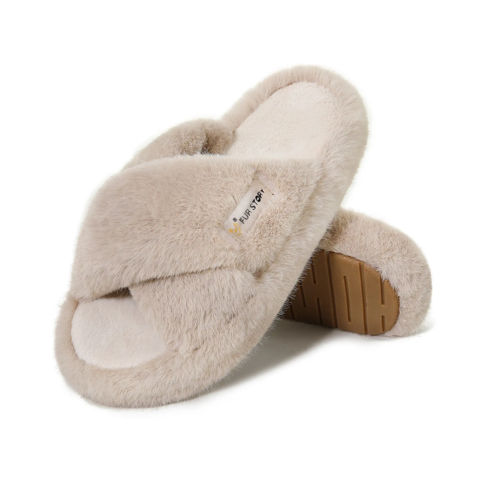 Womens Cross Band Slippers Cozy Furry Fuzzy House Slippers Open Toe Fluffy Indoor Shoes Outdoor Slip on Warm Anti-skid Sole