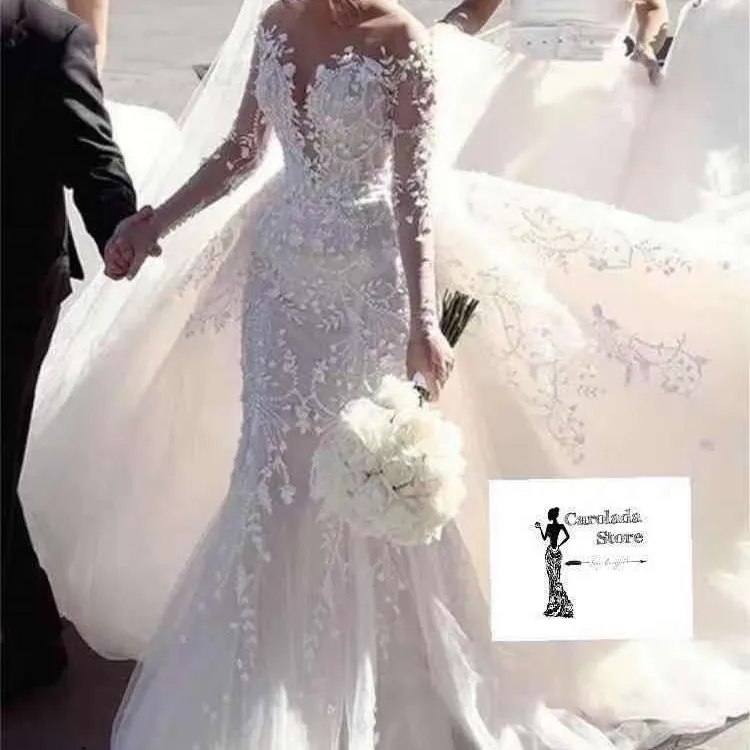 S488 High quality custom Long Sleeve High Neck Lace Applique Crystal Beads mermaid 2 wear wedding dress bridal gowns