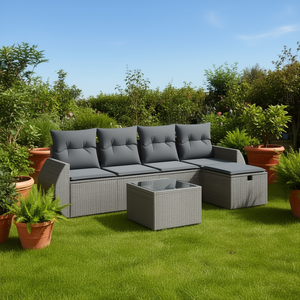 ชุดโซฟาหวายสีเทาสำหรับสวน 4 ที่นั่ง เฟอร์นิเจอร์กลางแจ้งพร้อมกระจกนิรภัยและโครงเหล็ก ดีไซน์ร่วมสมัย - Product Image 3