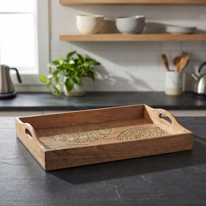 Bandeja de bambú para servir té, mesa de café con asas otomana, madera para comida, desayuno, fiesta, láser, con estilo de logotipo - Product Image 2