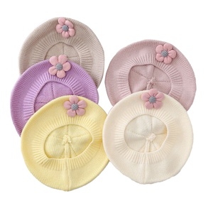 Landfond accesorio otoño e invierno Bebé niñas lindo flor boinas gorra de punto sombrero de pintor - Product Image 6