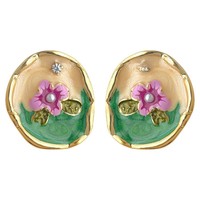 Boucles d'oreilles à clip en émail fleuri vintage plaquées or 18 carats, bijoux élégants pour femmes
