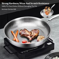 Poêle de cuisson en acier inoxydable martelé en titane, multicouche, antiadhésive sans revêtement, avec couvercle à motif feuille de lotus
