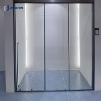 Porte coulissante moderne sans rail apparent en aluminium, double vitrage dépoli, fermeture douce, insonorisée, pour intérieur de villa