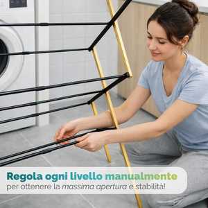 Séchoir à linge pliable sur pied en bambou et métal, 6 niveaux, extensible jusqu'à 9 mètres - Product Image 4
