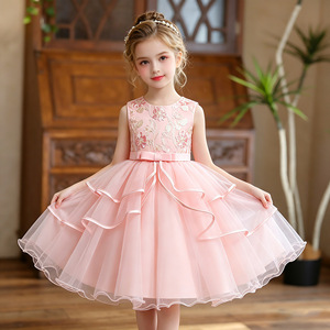 Robe de princesse pour filles, en Tulle rose, coupe trapèze, tenue de demoiselle d'honneur, col rond, brodée, tenue de fête d'anniversaire - Product Image 1
