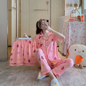 Importation coréenne 3 pièces ensemble manches courtes printemps vêtements de nuit taille élastique Baju Tidur Daster Pijama pour <span class=keywords><strong>femmes</strong></span> vie quotidienne Style tissé - Product Image 4