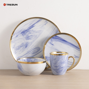 ราคาโรงงาน ผลิตตามสั่ง ชุดอาหารจีน 20 24 ชิ้น ลายหินอ่อนสีน้ำเงินขาว ขอบทอง ชุดอาหารค่ำ ชุดภาชนะบนโต๊ะอาหาร - Product Image 1