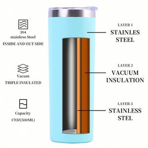 Gobelet isotherme droit et fin de 20 oz en acier inoxydable à double paroi, avec revêtement poudré, personnalisable avec logo, pour sublimation, avec couvercle et paille - Product Image 2