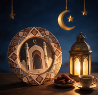Assiette de Présentation en Plastique 13 Pouces Motif Lune et Étoile pour Mosquée, Vente en Gros, NON Adaptée au Contact Alimentaire