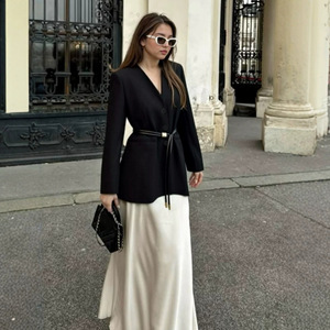 Women's V Neck Single Breasted Blazer Black <b>Slim</b> Fit With Metal <b>Belt</b> Europe America Style Commuter Coat S M L Xl - Product Image 3