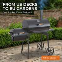 Barbecue fumoir à charbon robuste avec foyer latéral, thermomètre intégré et chariot, idéal pour le camping en extérieur