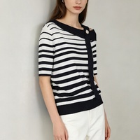 T-shirt fin d'été Tyan pour femme, col carré français, tricoté en fil coloré, coupe ajustée, manches courtes, motif perforé pêche