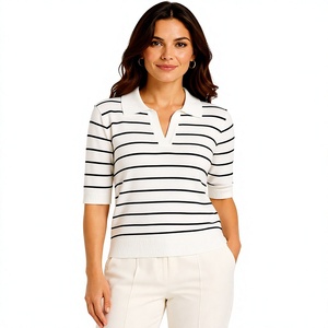 Polo en tricot rayé blanc et noir pour femme, manches courtes, col en V, décontracté, pour le bureau, chemise d'été, fournisseur en gros personnalisé - Product Image 2