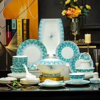 Jingdezhen Bone China Tafelgeschirr Türkisfarbenes Strahlendes Muster Luxuriöses Geschirr Unterglasiert Spülmaschinen- und Mikrowellenfest