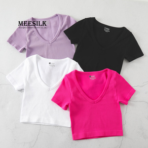 Custom Wholesale High Quality Blank Ribbed Crop Top Slim Fit T-Shirt V-Neck Casual Loose Short Sleeve <strong>Tshirt</strong> <strong>for</strong> <strong>Women</strong> - Product Image 4