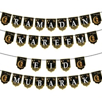 Lot de 4 bannières 2-en-1 Ramadan Aïd Moubarak - Guirlande suspendue style islamique noir et or, lune, mosquée, lanterne - Décoration intérieure réutilisable