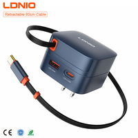 Chargeur GaN LDNIO Q9 33W en promotion avec câble rétractable intégré de 80 cm, conception tout-en-un, charge rapide PPS USB-C et USB-A