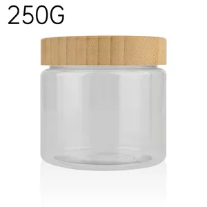 Pot de luxe transparent en plastique avec couvercle en bambou, pot en pet de 250 ml, 150ml et 500ml