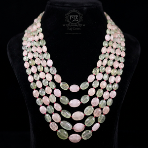 สร้อยคอประดับด้วยลูกปัดรูปไข่จากมอร์แกไนต์ธรรมชาติและอะความารีน - Product Image 1