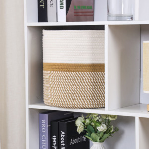 Cesta de Almacenamiento de Cuerda de Algodón Bicolor Crema y Mostaza, Organizador Tejido con Asas para Ropa y Juguetes - Product Image 5
