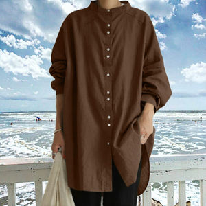 Camicette Casual da <span class=keywords><strong>Donna</strong></span> in Lino e Cotone Tinta Unita, Scollo a V, Bottoni Frontali, Maniche Lunghe, per Ufficio, Primavera <span class=keywords><strong>Autunno</strong></span> - Product Image 2