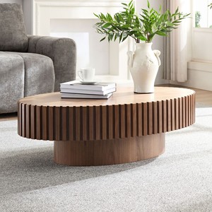 Modern Handcrafted Wooden Drum Coffee <b>Table</b> Oval <b>Small</b> with Pedestal Base Decorative for Living Room Home Furniture - Product Image 1
