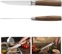 Ensemble de 6 couteaux à steak, acier inoxydable à haute teneur en carbone ultra-affûté, lames dentelées et manche en bois