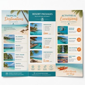 Brochure de voyage personnalisée pliable en trois parties (C-Fold) format A4, motif î<span class=keywords><strong>les</strong></span> tropicales, pour promotion des agences de tourisme et des complexes hôteliers, faible MOQ - Product Image 4