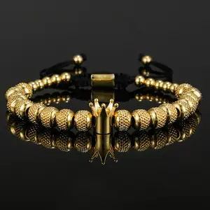 Atacado Vintage Ajustável Roman Royal Crown Charme Pulseira De Aço Inoxidável Banhado A Ouro Bead Pulseira Para Homens