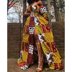 Vestido de manga larga con estampado de estilo africano para mujer, falda con abertura lateral y cintura alta, ankara, 2021