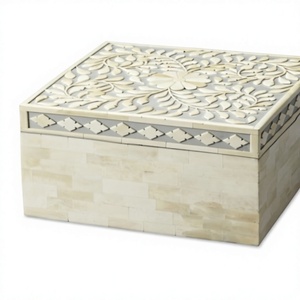Rectangular Wooden Bone Inlay Jewelry Box with Carved Floral Design Oriental Style Storage Box for Bedroom - Product Image 1