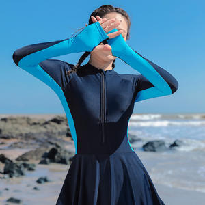 Qingdao Women's Long Sleeve One Piece Swimsuit High Neck Anti Uv Skirted Swimwear Adult <b>Conservative</b> Beachwear Gray Blue - Product Image 5