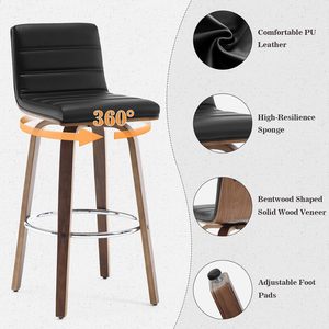 Swivel Bar Stools with Backs, Upholstered PU <strong>Leather</strong> <strong>Barstool</strong>, Mid-Century Modern Bar Stool Chairs for Kitchen Island, Black - Product Image 4
