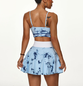 Set Rok Olahraga Pinggang Tinggi Tie Dye Kustom Dua Potong Tahan Guncangan Seksi untuk Wanita, Cocok untuk Gym, Golf, dan Tenis - Product Image 3