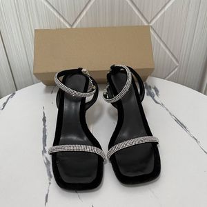 Sandalias Zapatos Mujer Saltos Rhinestone Negras con Correa en el Tobillo y Tacón Cuadrado para Damas - Product Image 5