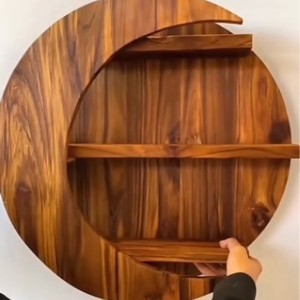 Moon-shaped double-layer storage <b>shelf</b>, living room decorative wooden <b>shelf</b>, wooden moon-shaped display <b>rack</b>, solid wood - Product Image 1