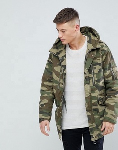 KY Fixed Hood Zip Fastening Press-stud Placket Padded Parka <strong>Camo</strong> Mens Long <strong>Jacket</strong> With Hood in Khaki - Product Image 2