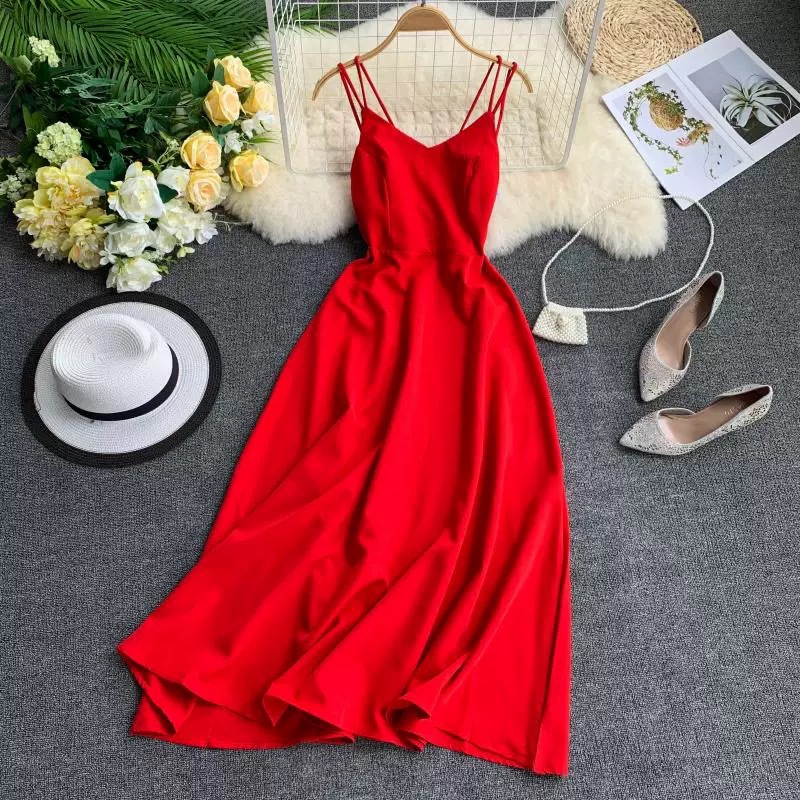 New Summer Vacation Dress Cross Halter Backless Solid Color High-end Dinner  Dress| Alibaba.com
