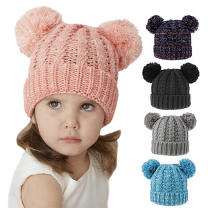 <span class=keywords><strong>Bonnet</strong></span> d'hiver pour enfants, en tricot épais et doux, à deux tons, à revers à carreaux, avec double <span class=keywords><strong>pompon</strong></span> et oreilles - Product Image 2