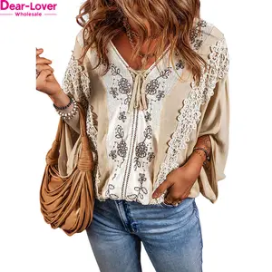 Dear-Lover Private Label New Design Ladies Tops Fleece Lace Crochet Patchwork Slit Long Sleeve Blouse Women Fashionable