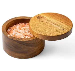 Boîte à sel en acacia avec émerillon magnétique-Cave à épices en bois avec 1 compartiment-Rangement en bois élégant pour condiments